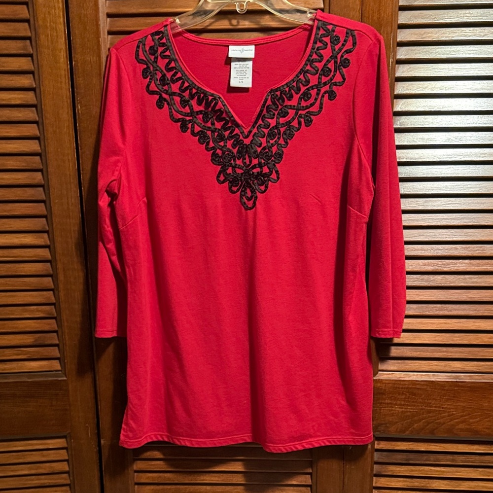 Jaclyn Smith Red Top with Black  Embroidery